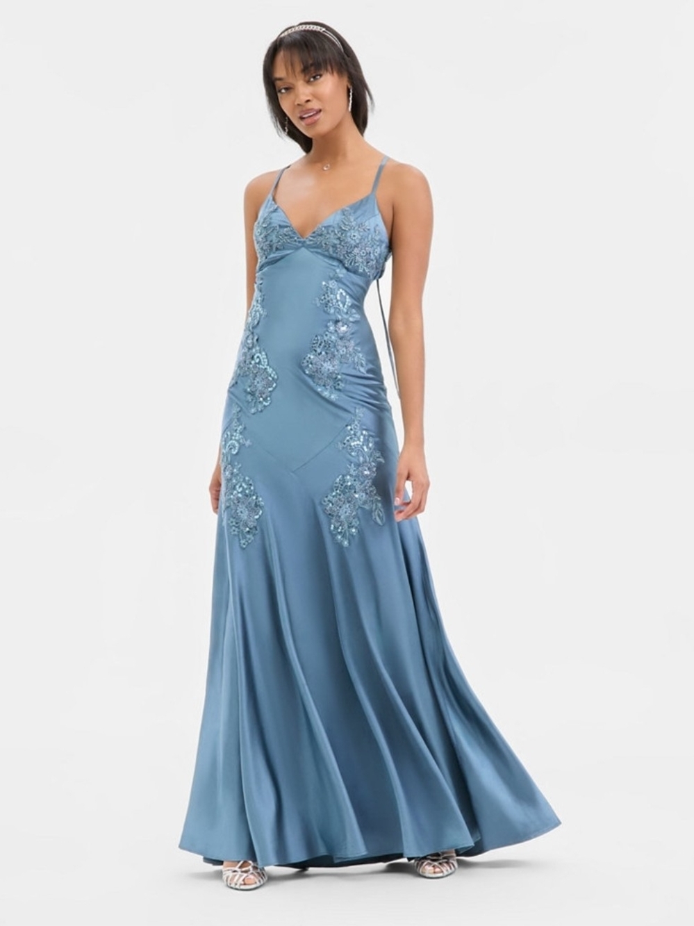 City Studio Slate Blue Beaded Satin Maxi Dress Size M (8-10) Bra